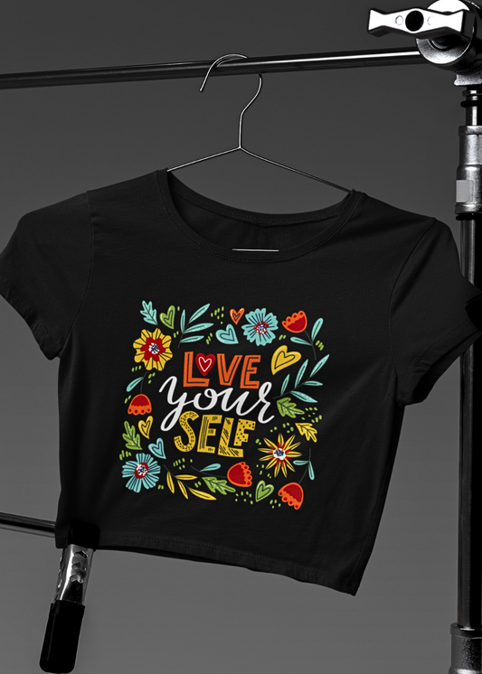 Abstract Love Yourself Crop Tee with Floral Prints
