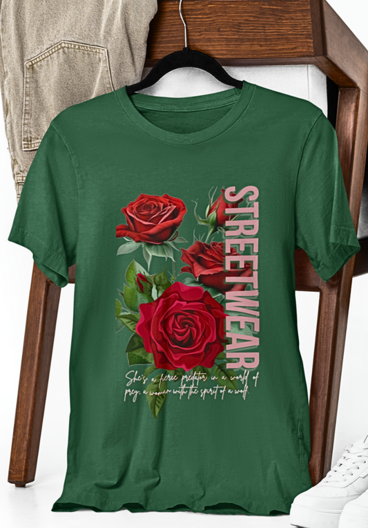 Street Roses: Rose Graphic Round Neck Streetwear Tee