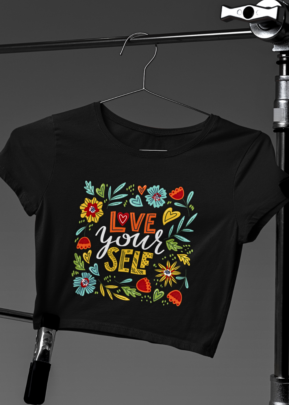 Abstract Love Yourself Crop Tee with Floral Prints