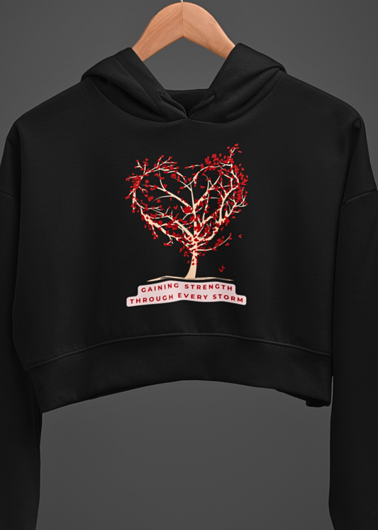 Heartwood Bloom: Tree of Hearts Graphic Crop Hoodie