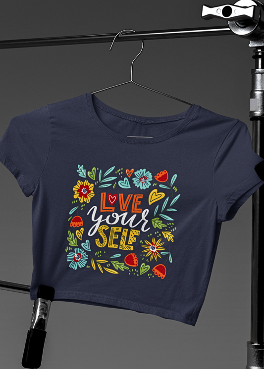 Abstract Love Yourself Crop Tee with Floral Prints