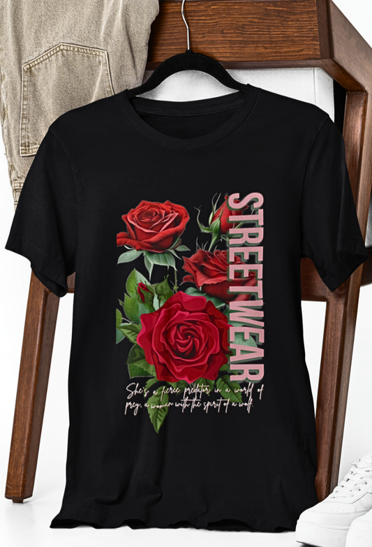 Street Roses: Rose Graphic Round Neck Streetwear Tee